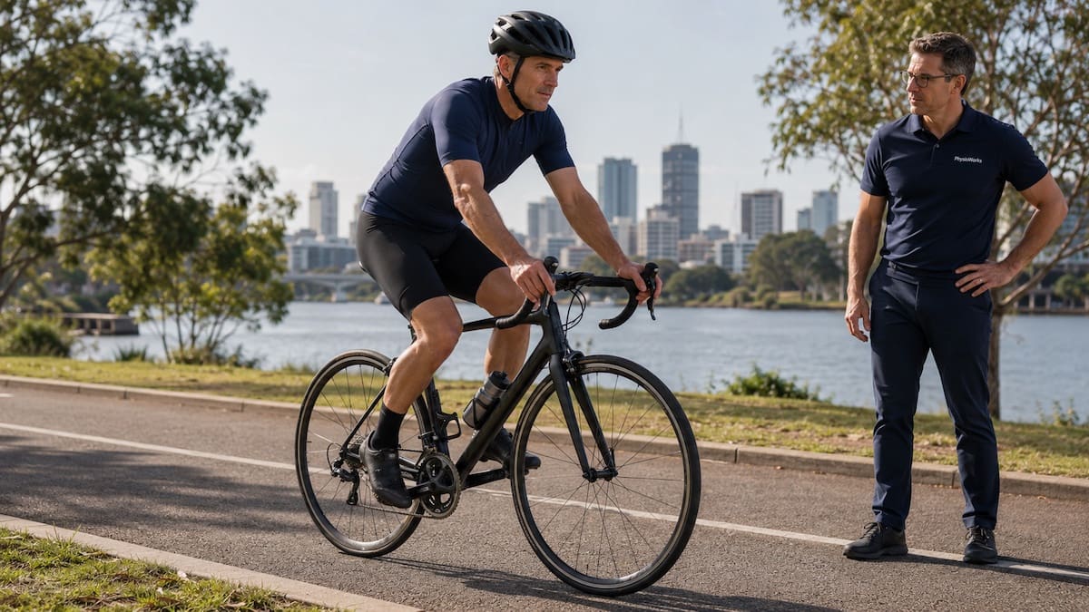 Road cyclist completing a riding movement assessment for common cycling injuries