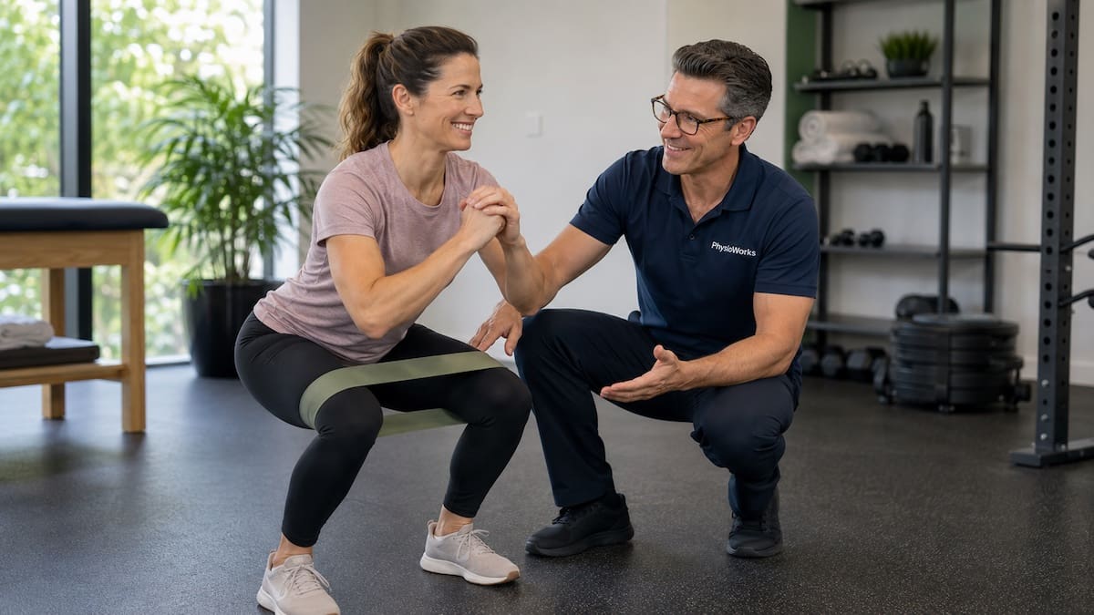 Banded squat exercise used to assess and retrain hip control