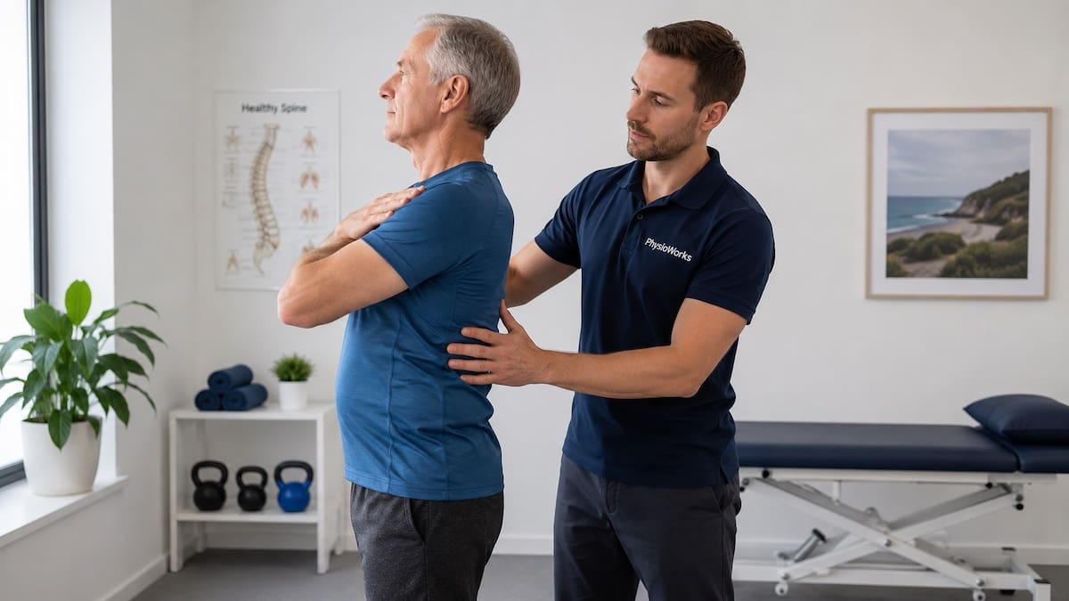 Physiotherapist guiding an older man through a gentle spinal mobility exercise for DISH