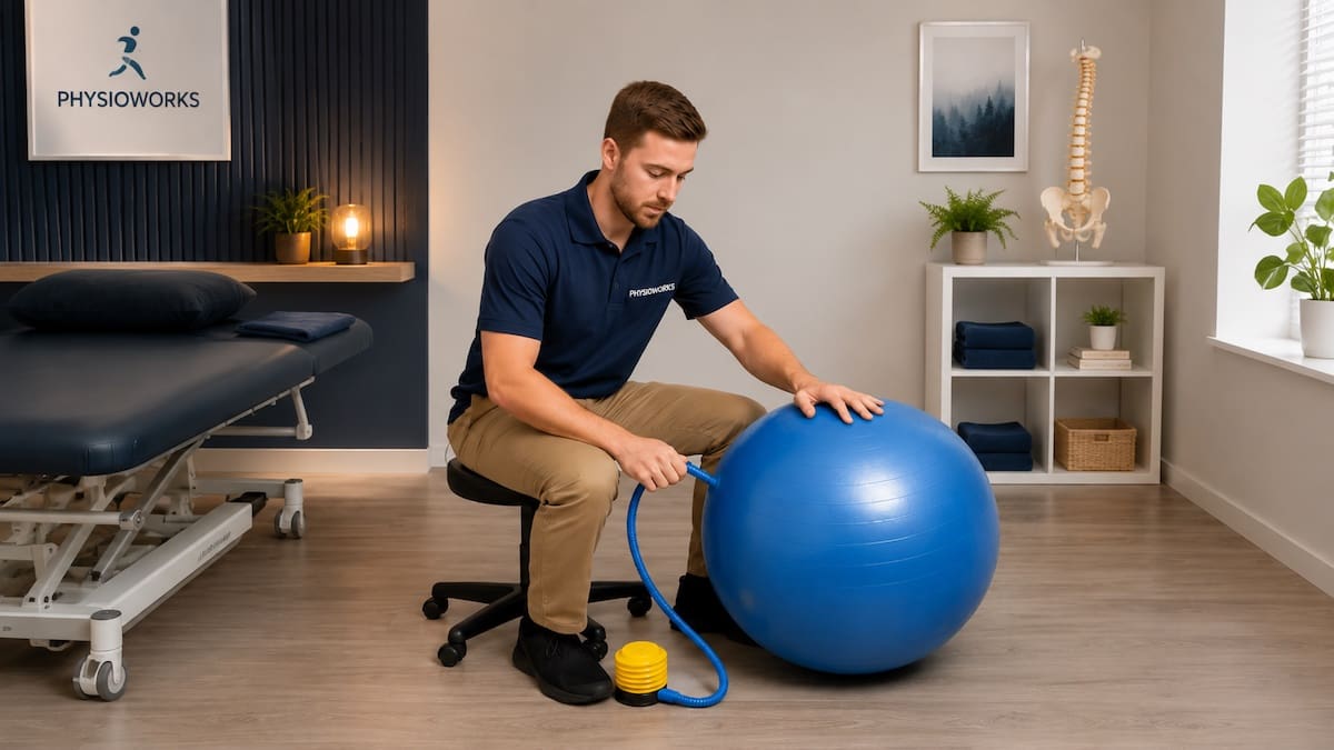 Exercise ball inflation with foot pump in a physiotherapy clinic