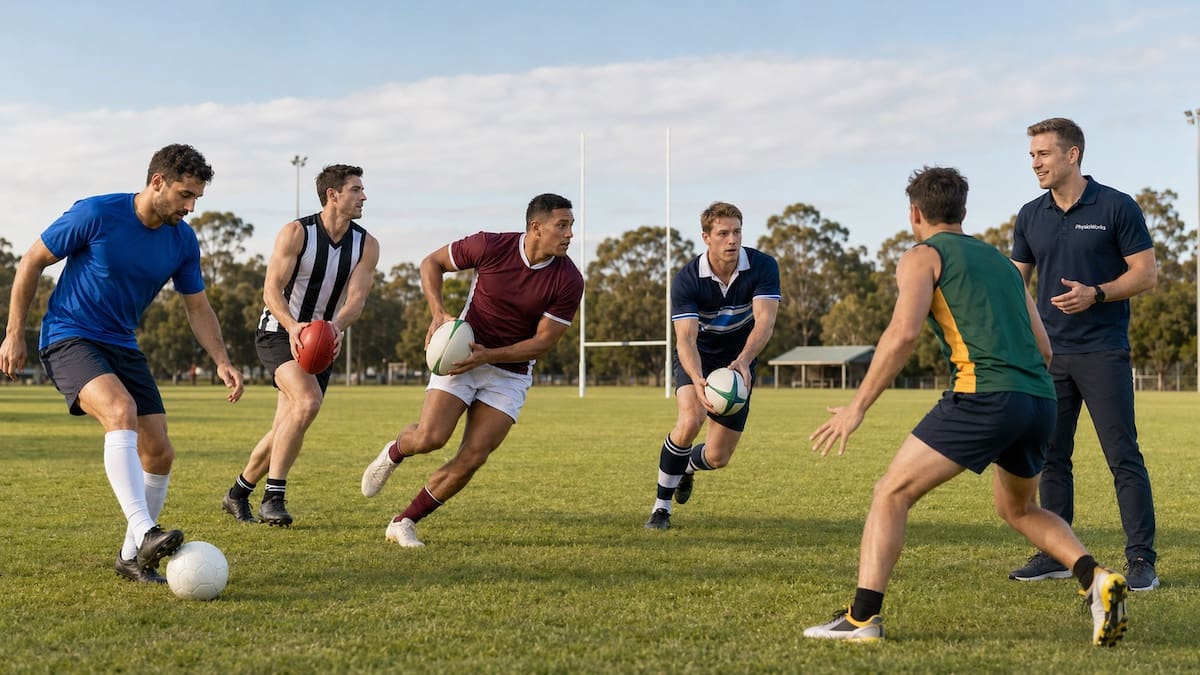 Football players from five codes with a physiotherapist observing movement on the field
