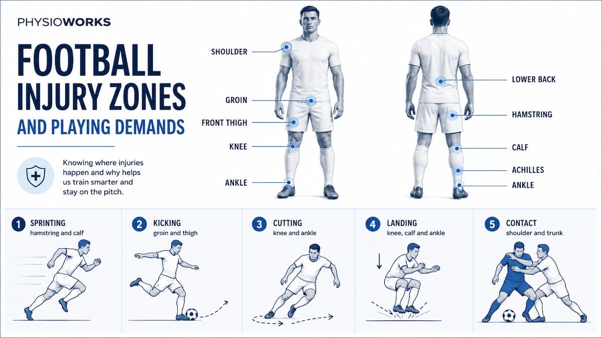 Soccer injuries infographic showing body regions loaded during football actions