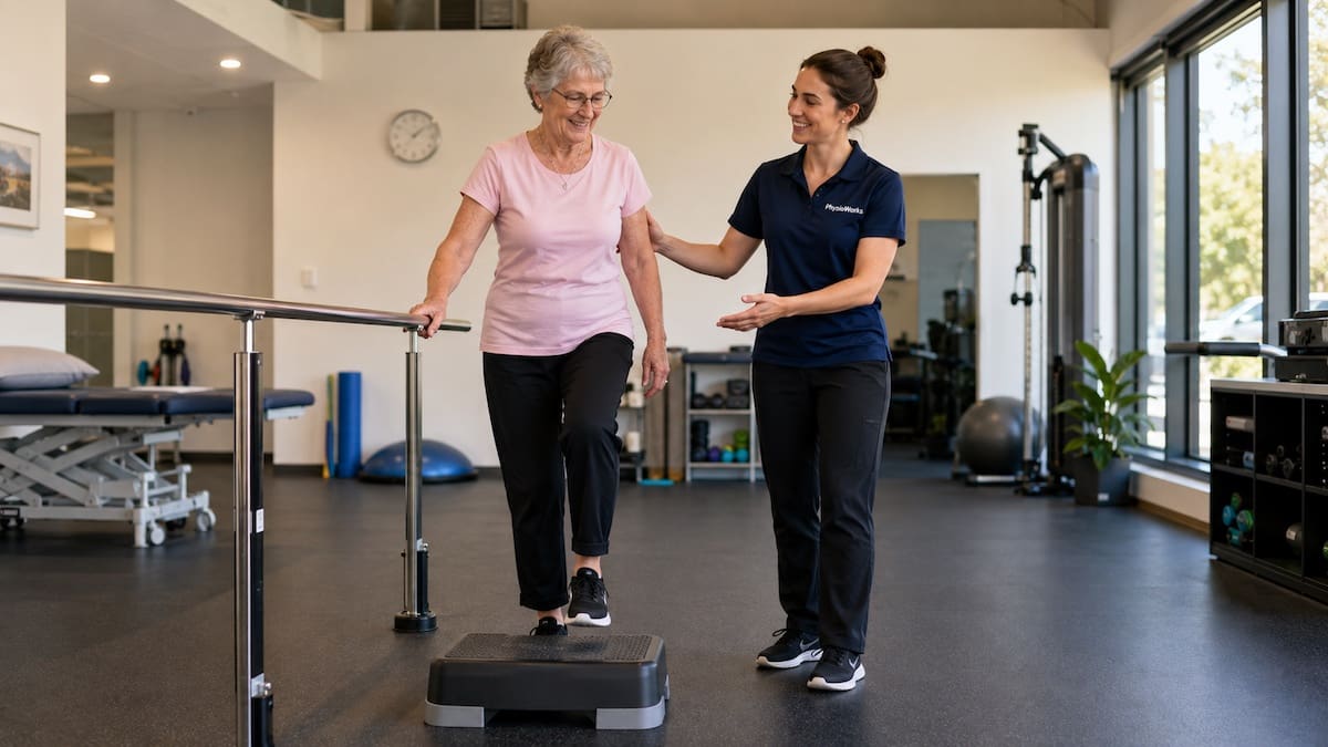 Gerontology physiotherapy balance step training for older adult falls confidence