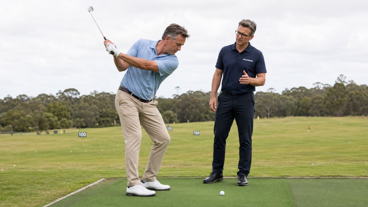 Physiotherapist assessing a golfer’s swing, trunk rotation and weight transfer