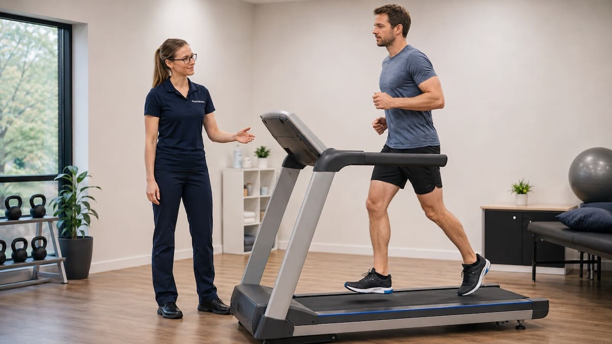 Physio supervising a graded treadmill return after shin pain