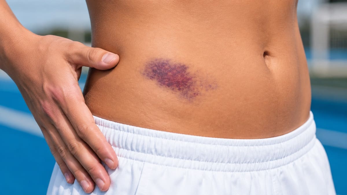 Bruising over the outer hip after a hip pointer injury.