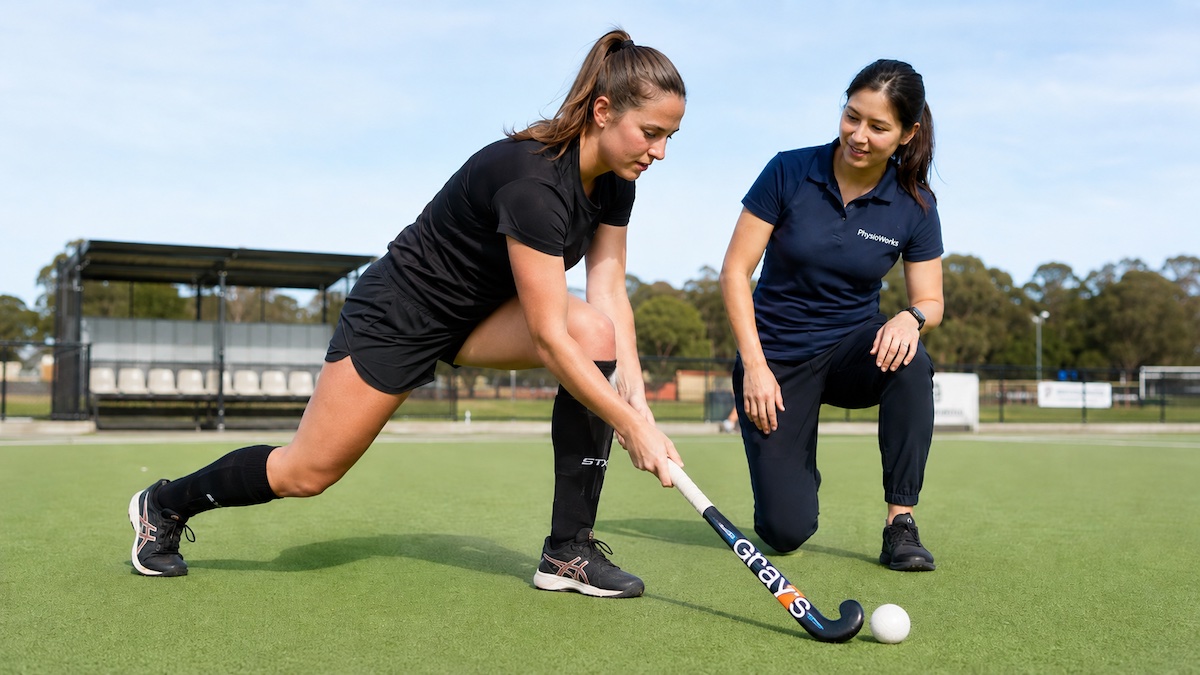 Field hockey player completing a low-lunge movement assessment with a sports physiotherapist