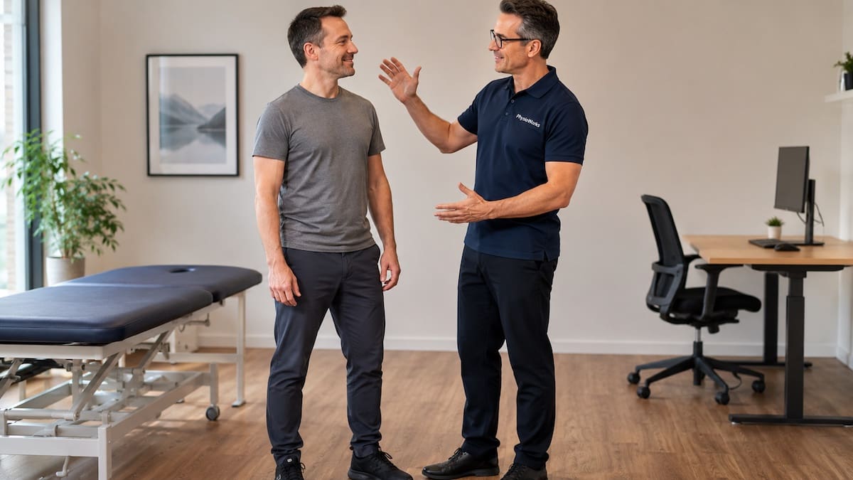 Physiotherapist discussing comfortable standing posture with an adult patient