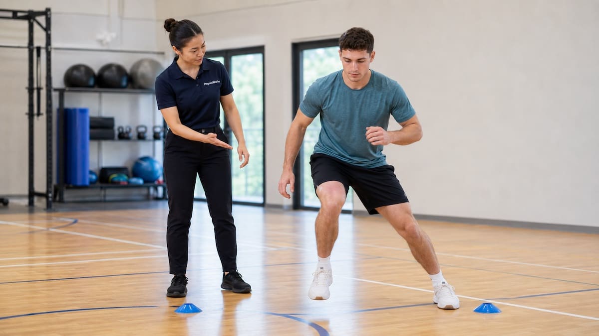 Physiotherapist assessing ankle and knee control during an indoor change-of-direction drill