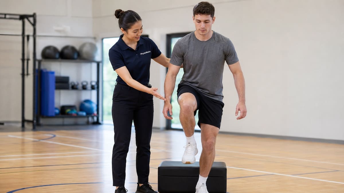 Physiotherapist assessing landing control for indoor sports injuries on an indoor court