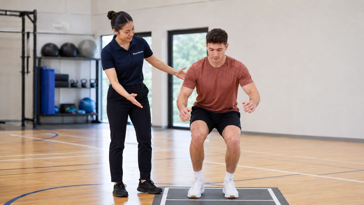 Athlete completing controlled jump landing during indoor sports injury rehabilitation