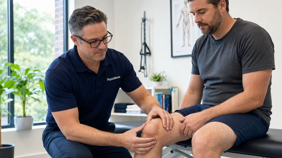 knee-bursitis-prepatellar-swelling-physio-assessment Physiotherapist assessing local prepatellar swelling caused by knee bursitis