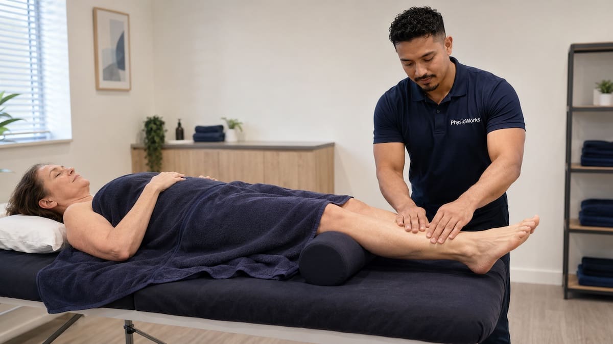 lymphatic-drainage-massage-brisbane-lower-leg-treatment Lymphatic drainage massage therapist using gentle contact on a patient’s lower leg