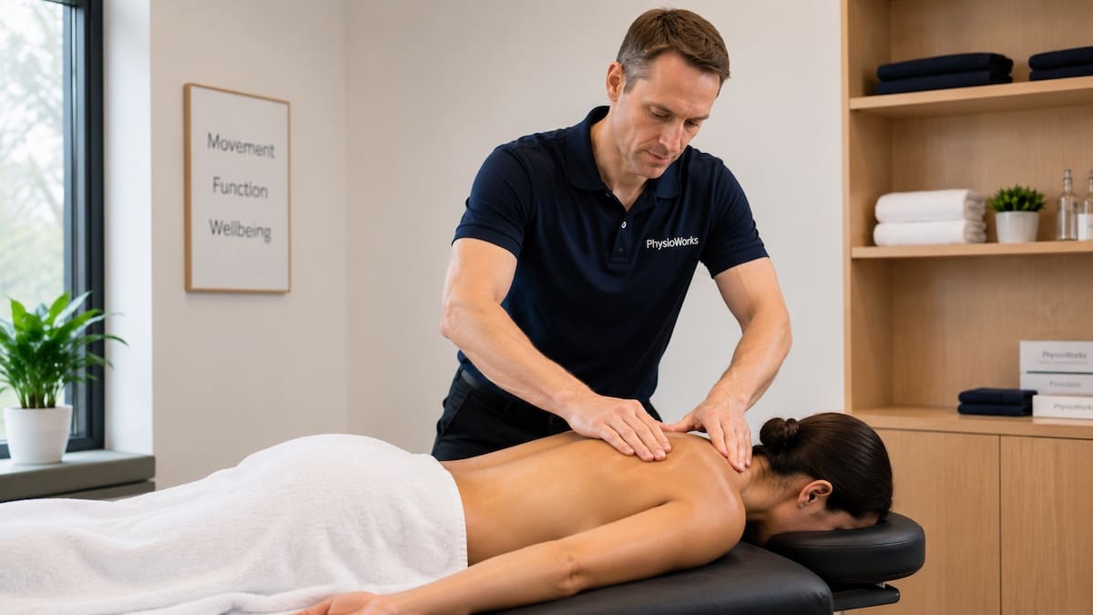Massage benefits shown during upper-back and shoulder treatment for muscular tension