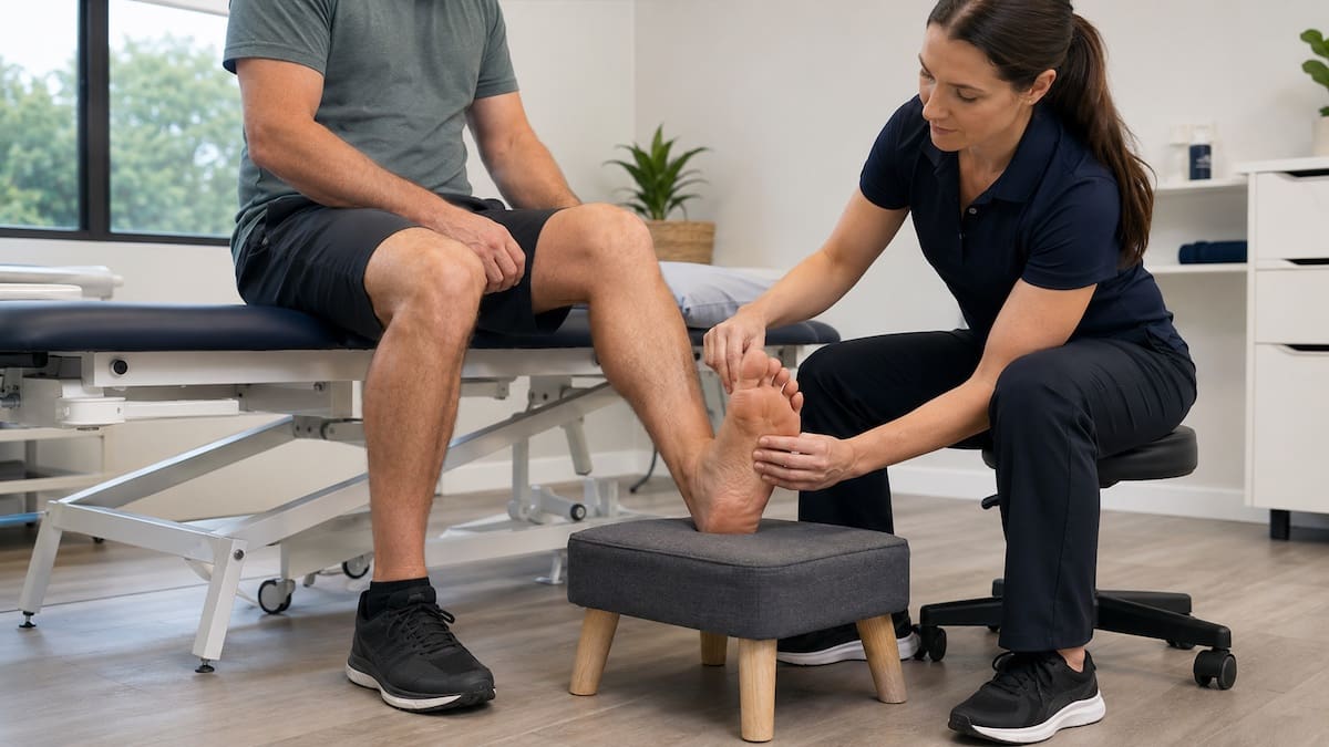 Physiotherapist assessing the ball of a patient’s foot for metatarsalgia