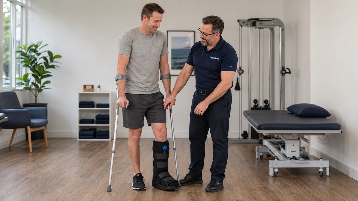 Physiotherapist checking moon boot fit during safe crutch-assisted walking