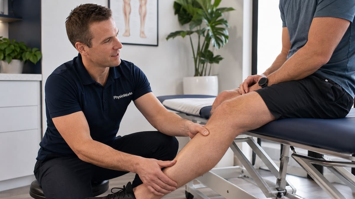 Physiotherapist assessing the calf for recurrent muscle cramps