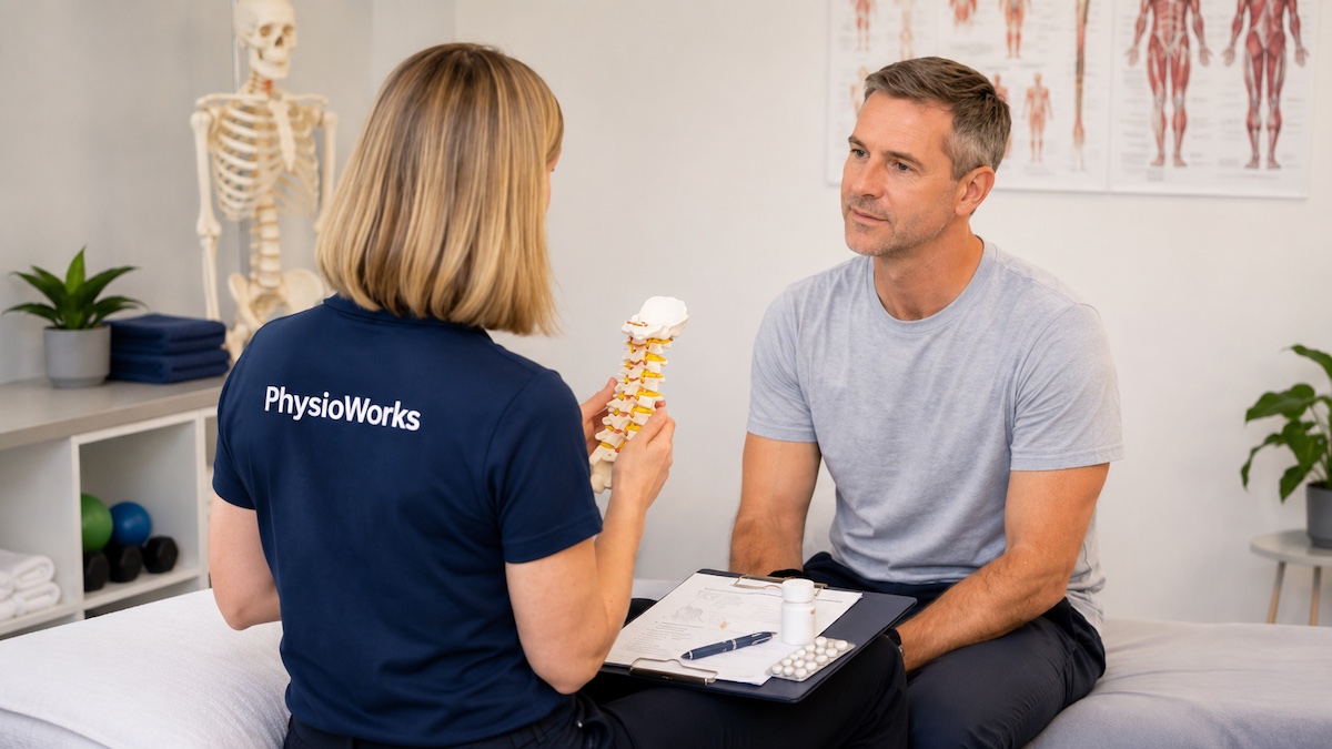 neck-pain-medication-options-physiotherapy-consultation Physiotherapist discussing neck pain medication options with a patient using a cervical spine model