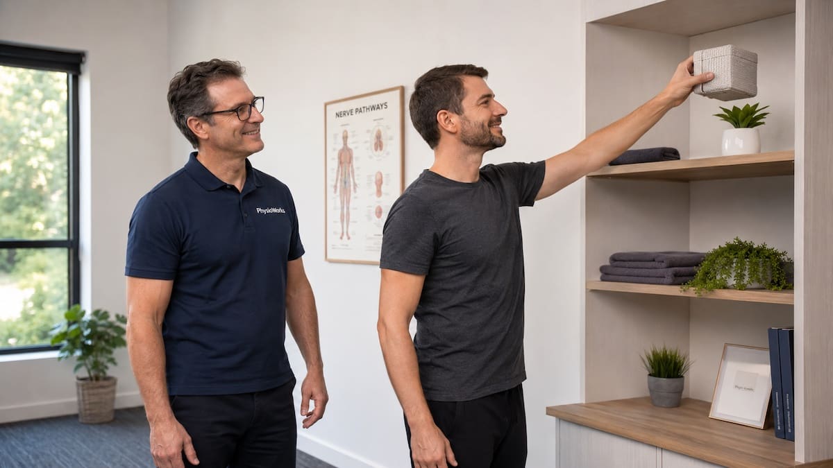 Patient practising comfortable overhead arm movement during graded nerve pain rehabilitation