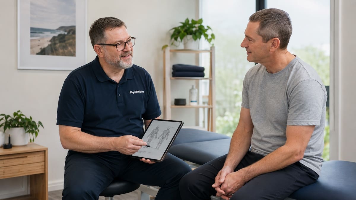 Physiotherapist discussing pain patterns during a whole-person clinical assessment