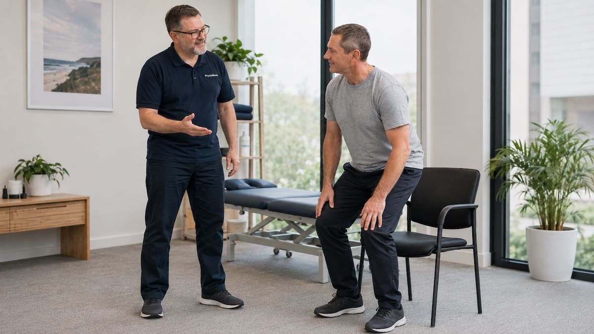 Physiotherapist coaching controlled movement during pain rehabilitation