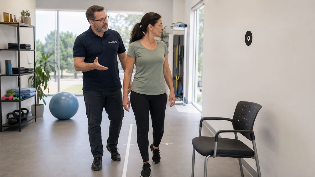 persistent-postural-perceptual-dizziness-pppd-vestibular-rehabilitation Vestibular physiotherapist guiding walking and head-turn rehabilitation for PPPD