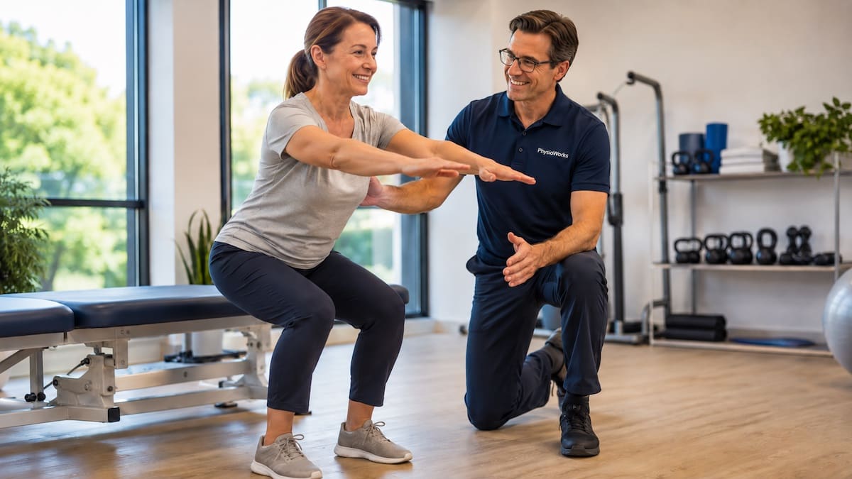 Female physiotherapist guiding rehabilitation exercise in a Brisbane physiotherapy clinic