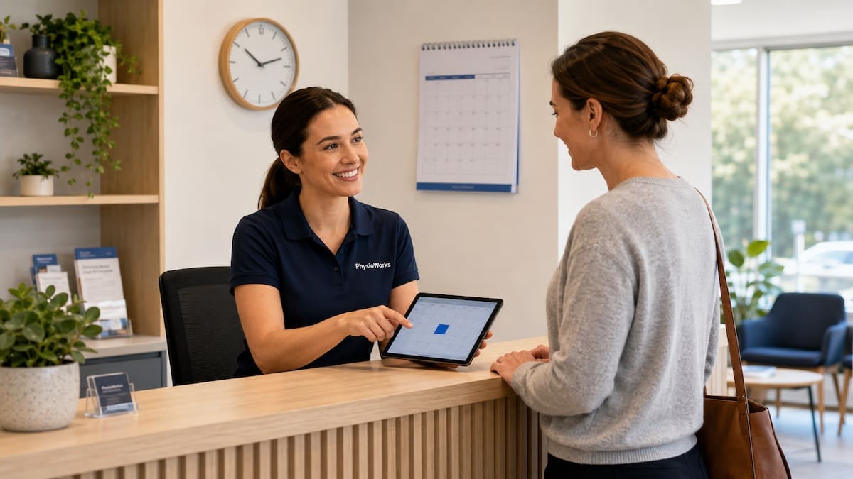 Patient changing an appointment with a friendly PhysioWorks clinic receptionist