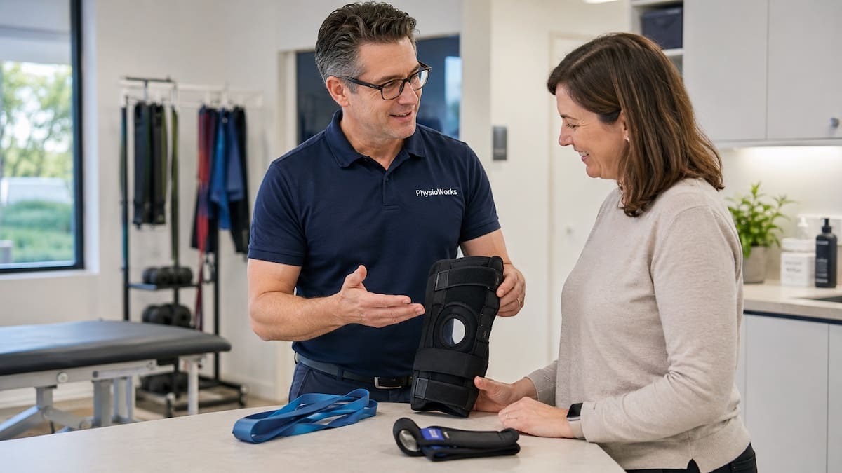 physioworks-rehabilitation-product-selection Physiotherapist helping a patient compare a knee brace and rehabilitation exercise band