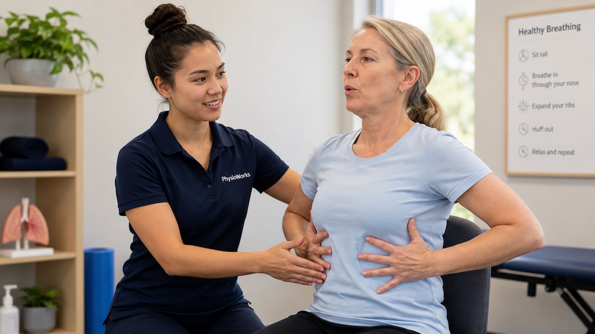 Physiotherapist guiding chest expansion and huff breathing during respiratory physiotherapy