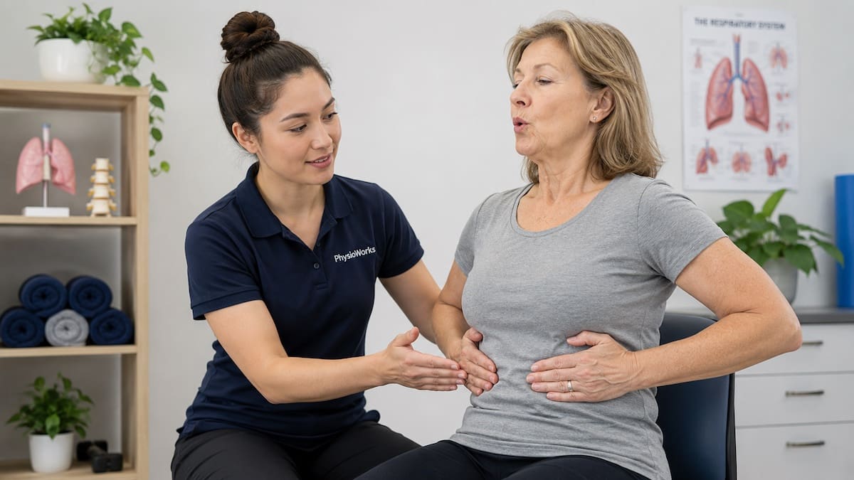 Physiotherapist teaching lower-rib breathing control to an older adult patient