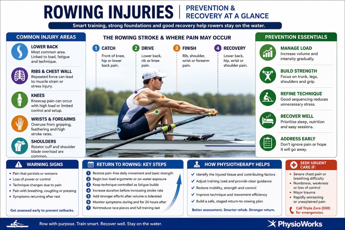 rowing-injury-zones-stroke-phases-infographic Rowing injury zones across the catch drive finish and recovery phases