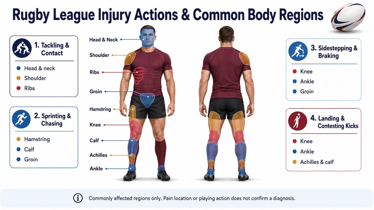Rugby league injury infographic showing actions and commonly affected body regions