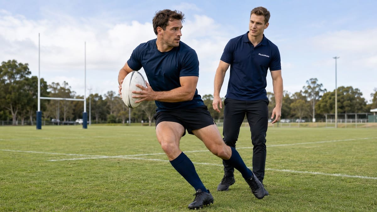 Rugby union player completing a sidestep during physiotherapy assessment