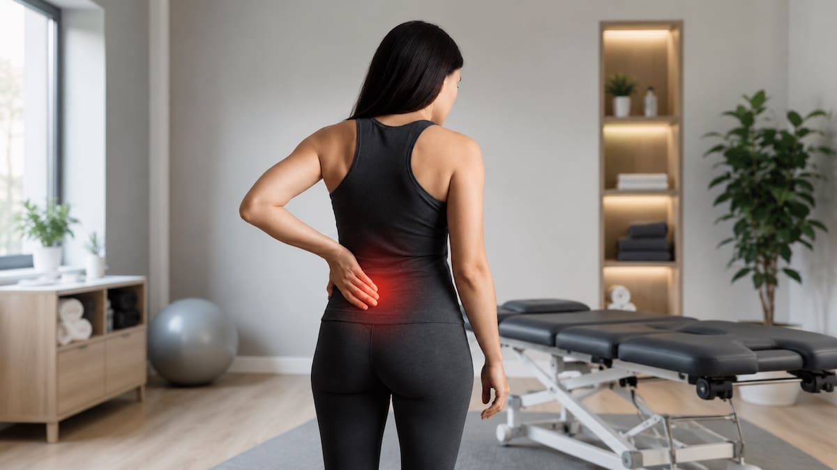 Woman holding her lower back with sacroiliac joint pain in a physiotherapy clinic
