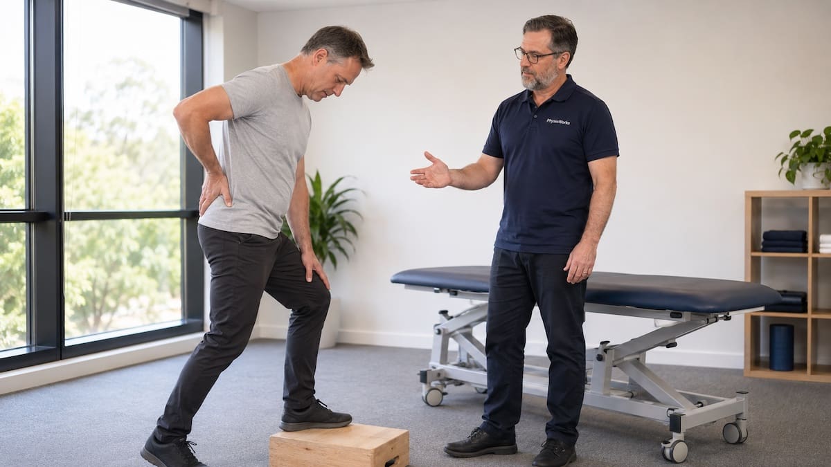 Physiotherapist assessing movement and leg symptoms associated with sciatica