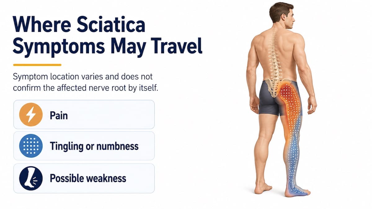 Sciatica symptom pathway from the lower back into one leg