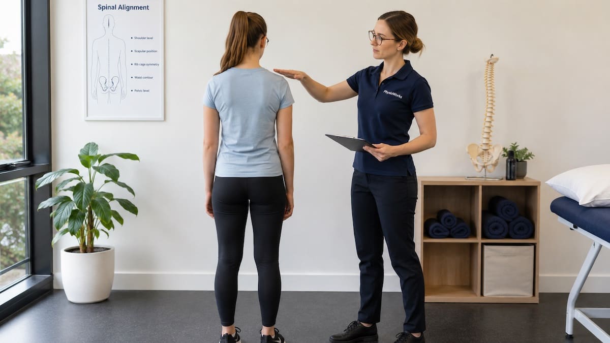 Physiotherapist assessing shoulder rib-cage and pelvic symmetry for scoliosis