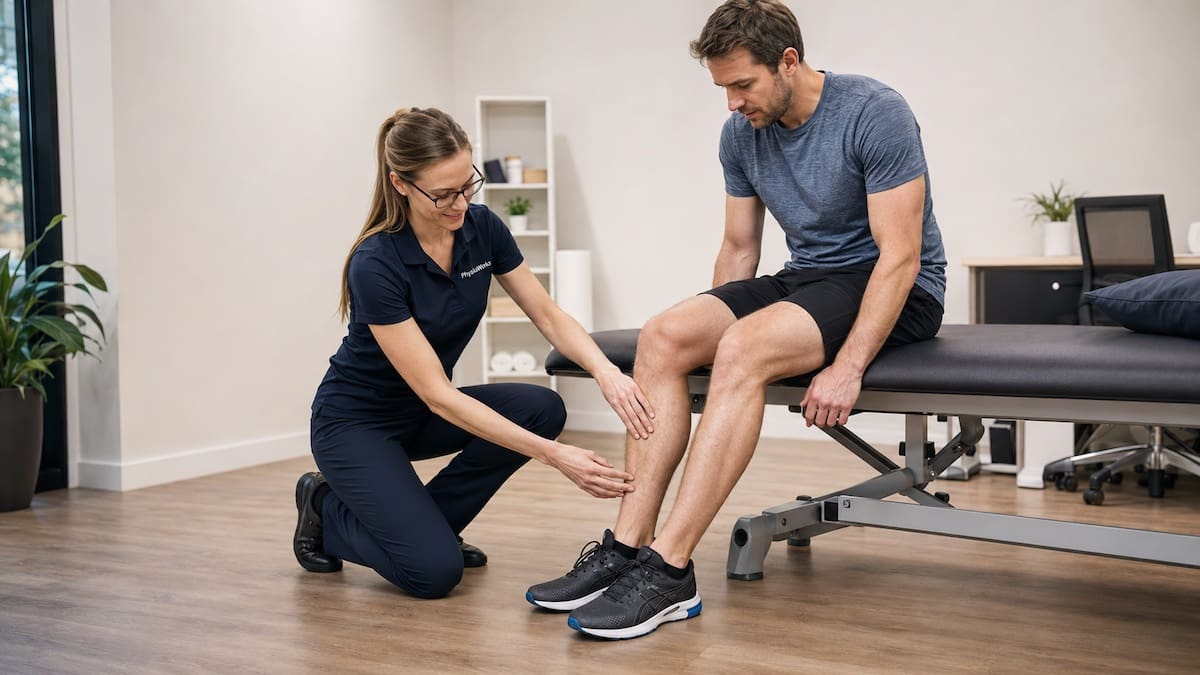 Physio assessing localised shin pain along a runner’s tibia