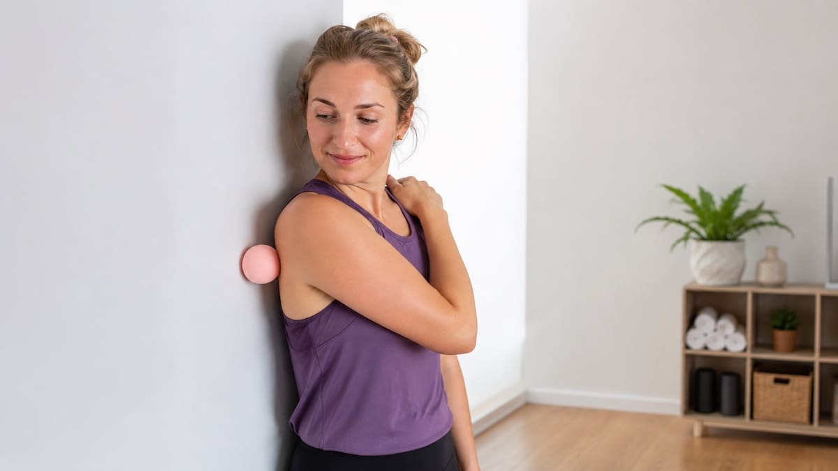 Shoulder blade trigger point ball release performed safely against a wall