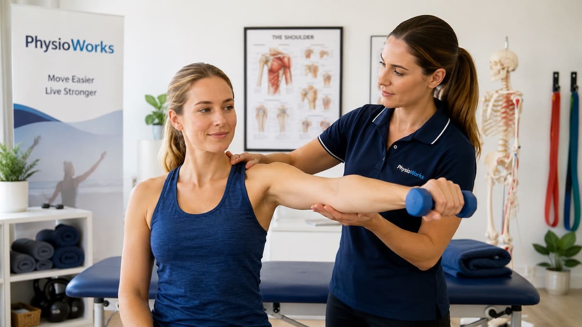 Physiotherapist guiding shoulder strengthening exercise for shoulder pain treatment