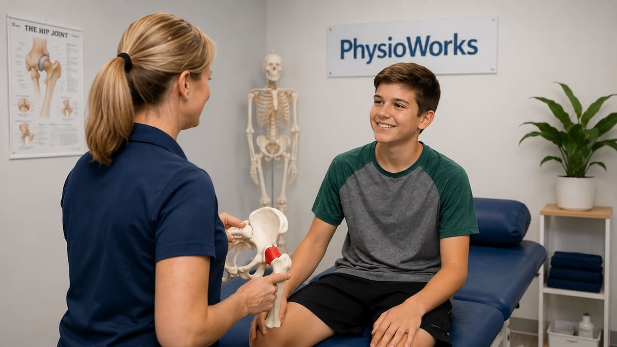 slipped-capital-femoral-epiphysis-scfe-adolescent-hip-consultation Physiotherapist explaining slipped capital femoral epiphysis to an adolescent using a hip model
