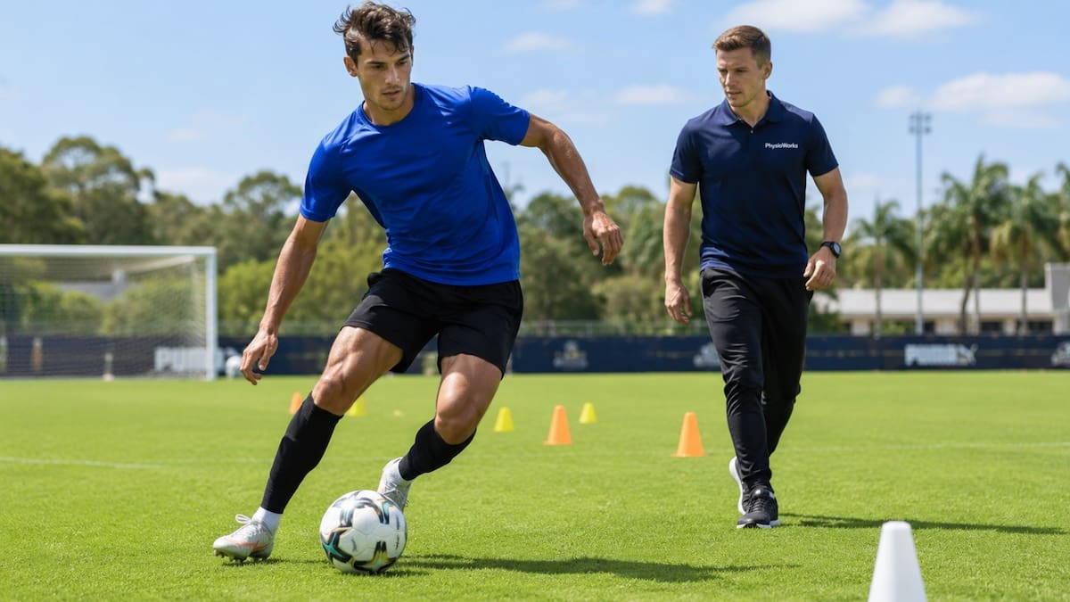 Soccer injuries change-of-direction assessment with physiotherapist on a football field