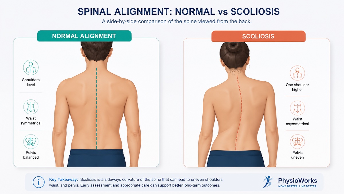 Typical and scoliosis spinal alignment showing shoulder waist and pelvic asymmetry