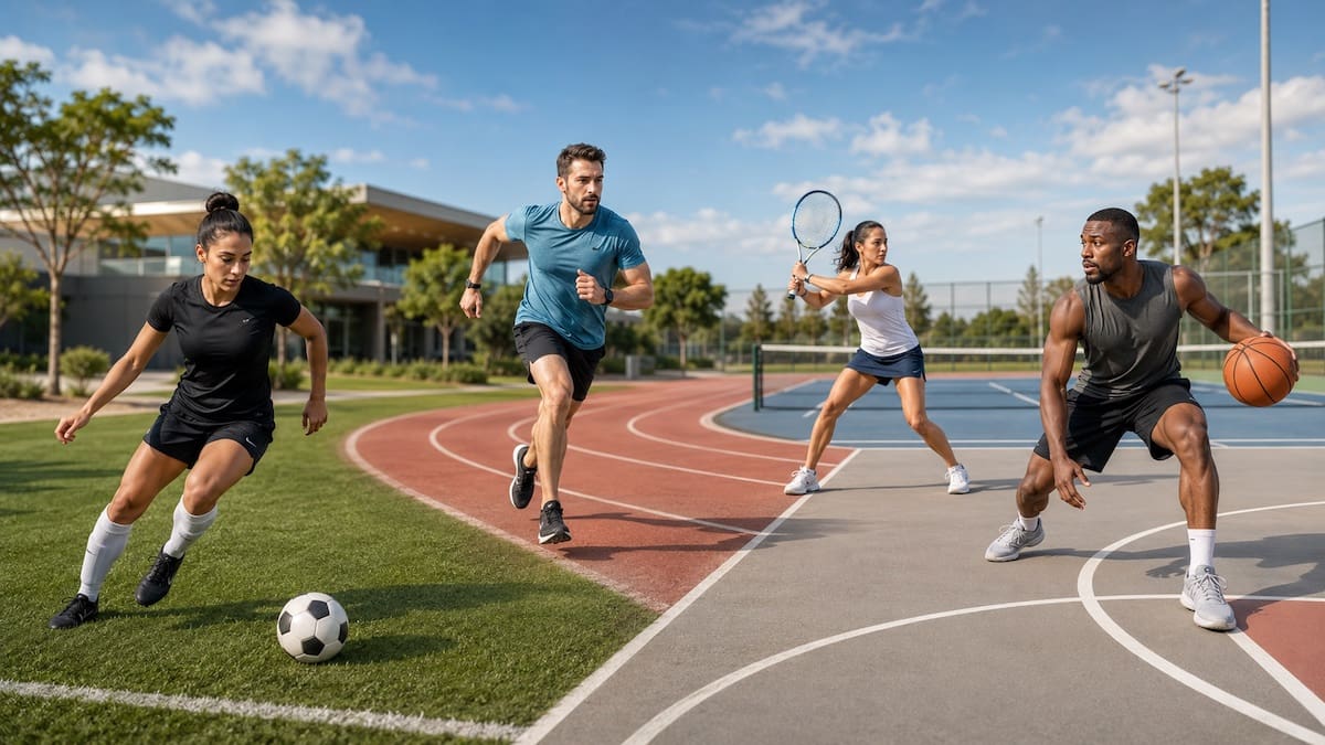 Multi-sport athletes running, landing, playing tennis and changing direction during sport