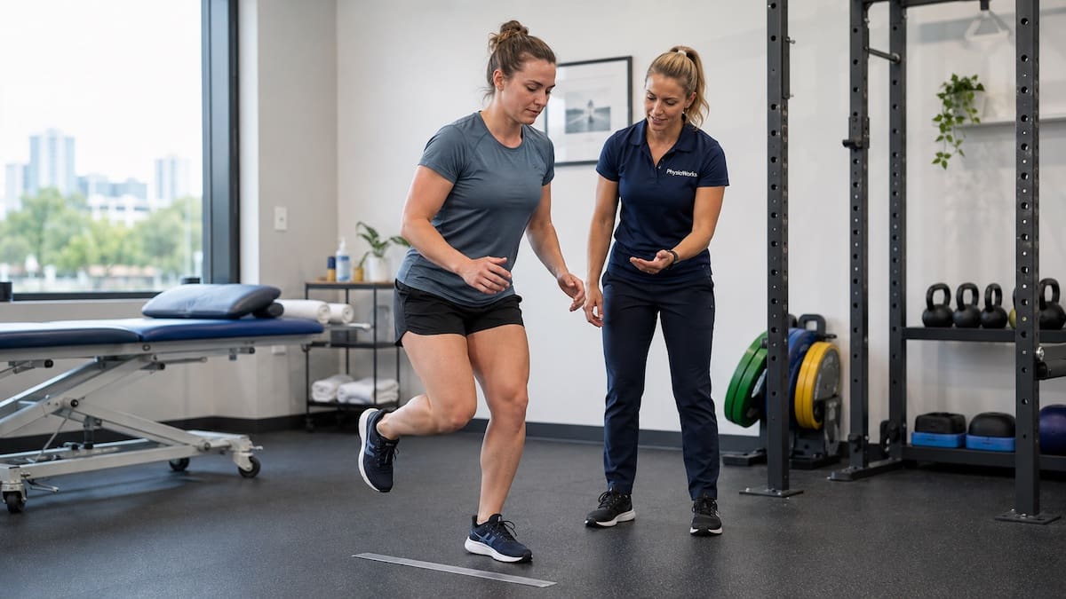 sports-physiotherapy-brisbane-low-hop-landing-assessment Sports physiotherapy Brisbane low single-leg hop landing assessment in a rehabilitation clinic