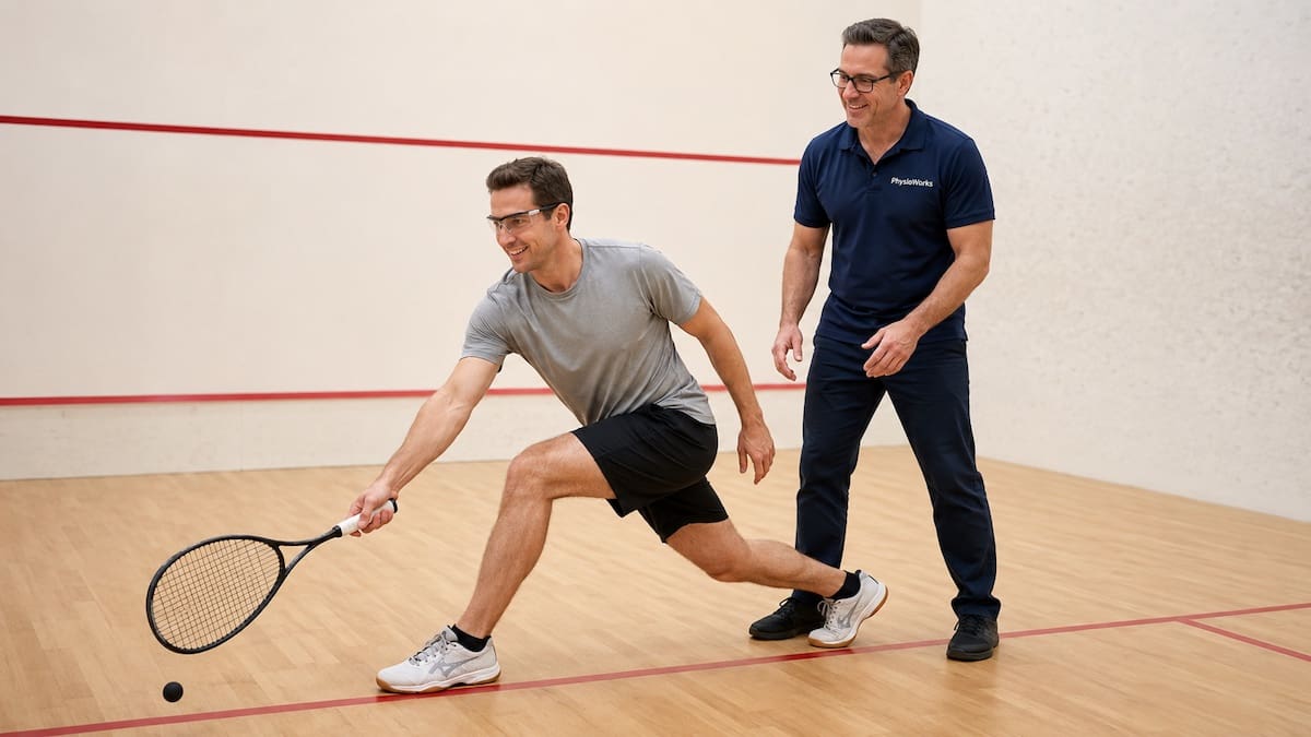 squash-injuries-lunge-physiotherapy-assessment Squash injuries assessment of knee and ankle control during a forward lunge
