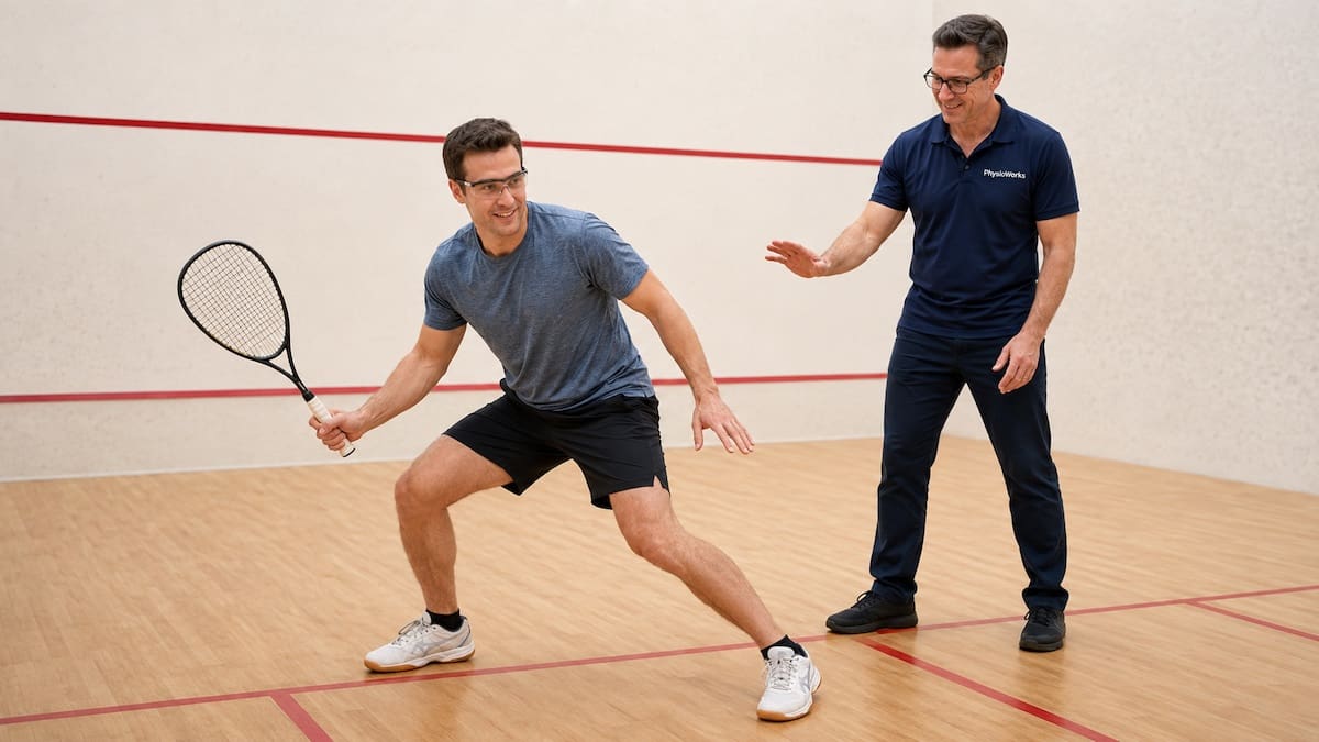 squash-injury-rehab-lateral-deceleration Squash injury rehab for ankle, calf and knee control during lateral deceleration