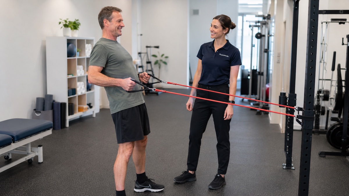 Exercise physiologist supervising a standing resistance band row in a rehabilitation gym
