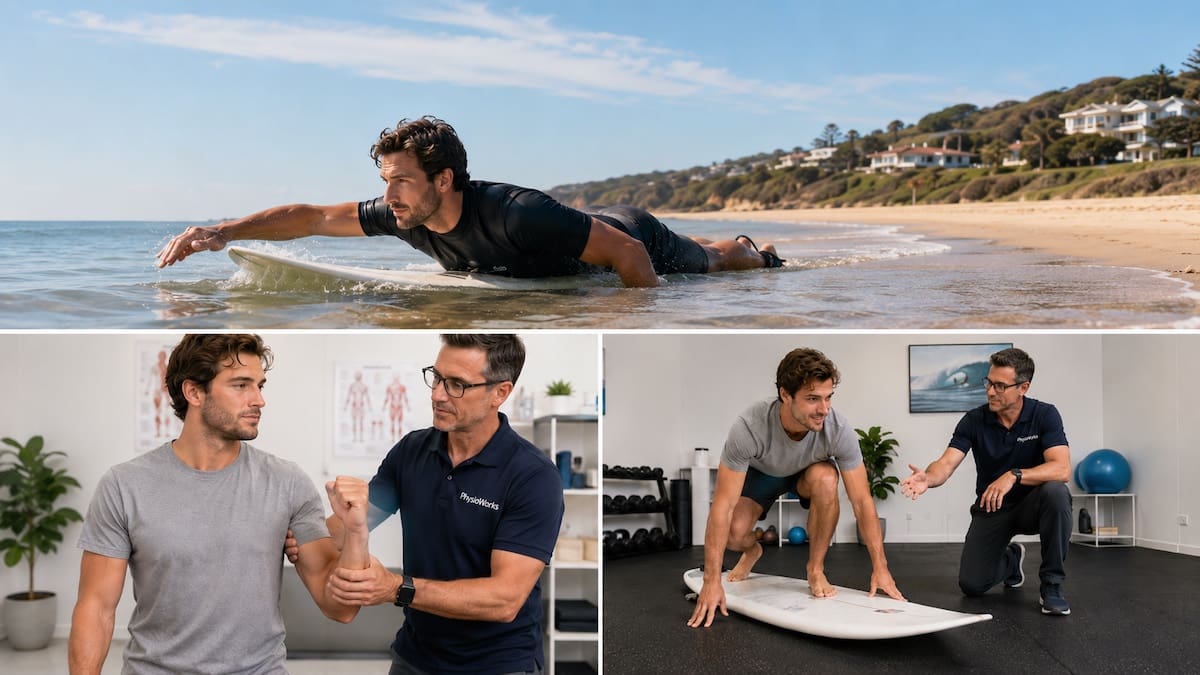 Surfer paddling through small shore waves during surfing injury rehabilitation